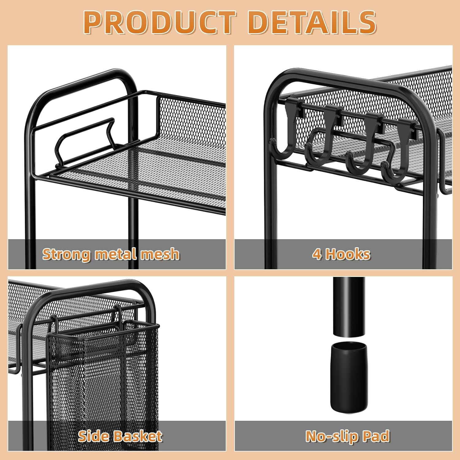 Mesh Bathroom Organizer Countertop, 2-Tier Metal Bathroom Counter Organizer and Storage, Vanity Organizer Sink Shelf Kitchen Spice Rack with Basket and Hooks, Black