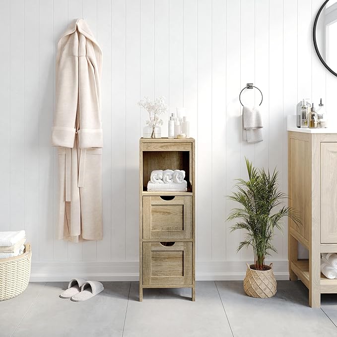 Farmhouse Bathroom Storage Organizer with Two Removable Drawers and Open Display Shelf, Set of 1, Brown