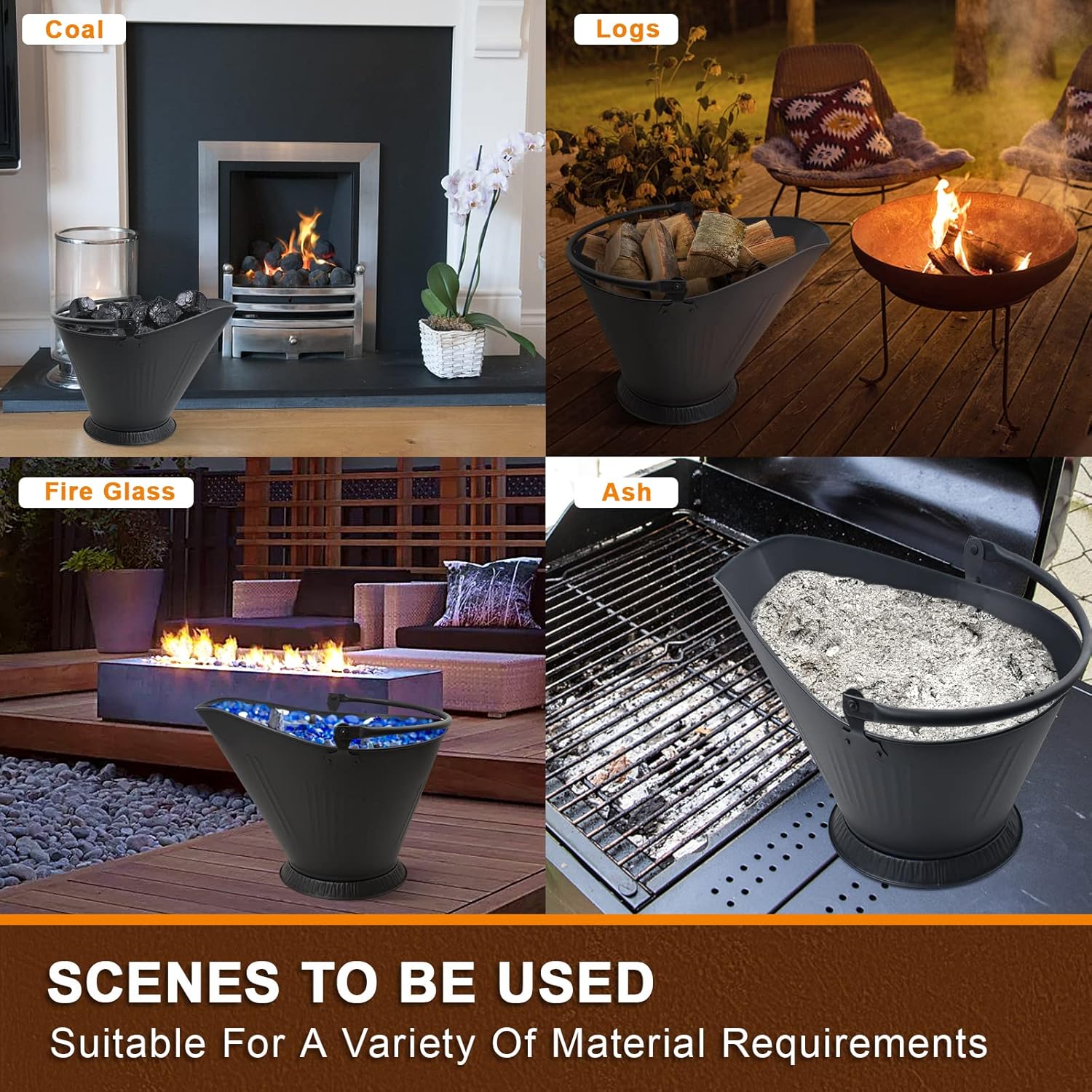 Ash Bucket for Fireplace, 3.2 Gallon Metal Fireplace Ash Bucket for Wood Stove, Includes Shovel, Broom and Gloves Indoor & Outdoor