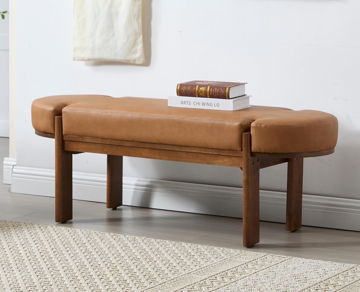 49 Inch Modern Bedroom Bench Upholstered End of Bed Bench Wood Entryway Bench with Fabric Padded Seat and Wooden Legs Window Bench