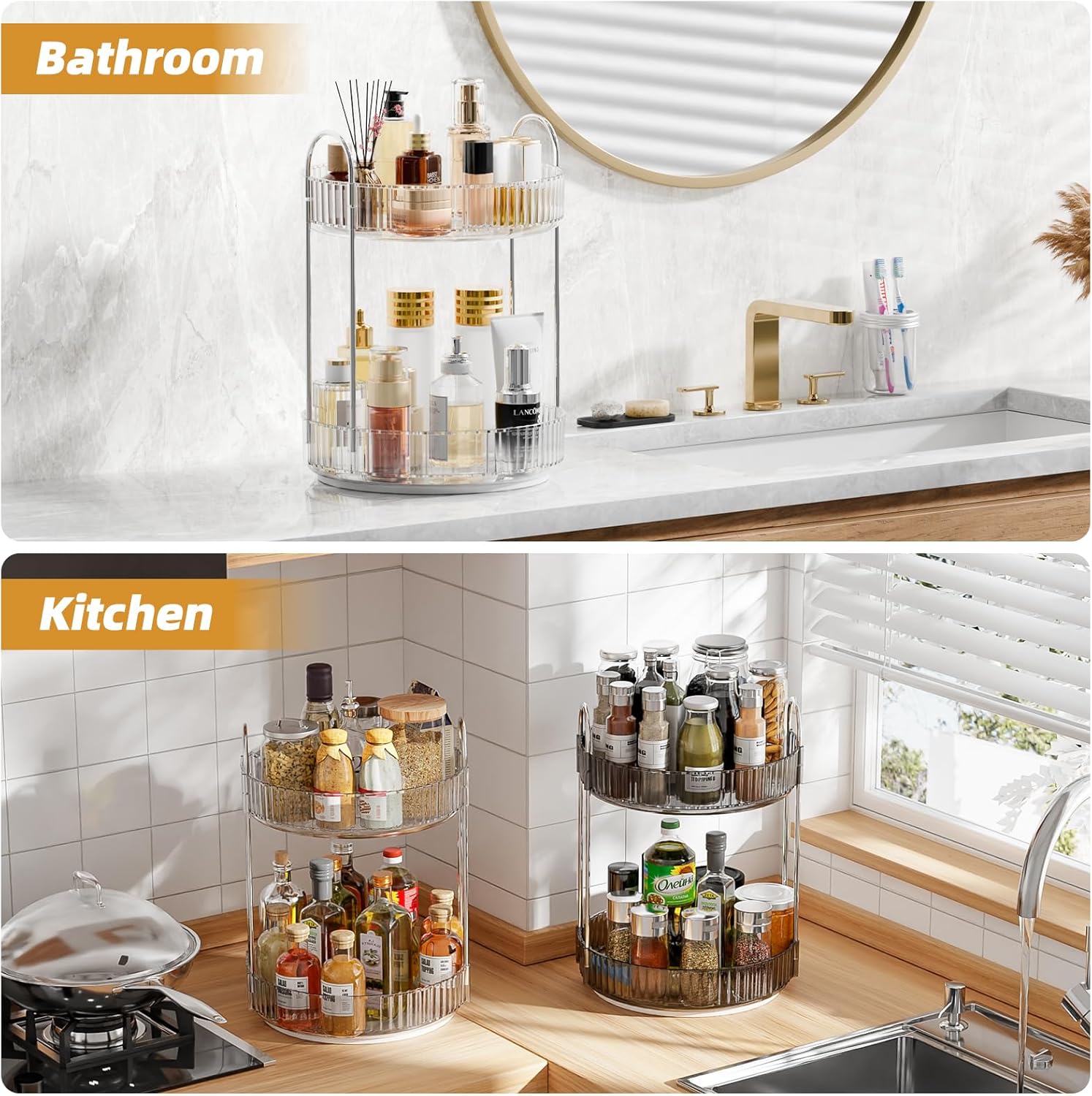 Rotating Makeup Organizer Countertop for Vanity, 2-Tier Large Skincare Perfume Organizer for Dresser, Clear Bathroom Cosmetic Display Cases for Skin Care/Lotion/Lipstick, Plastic