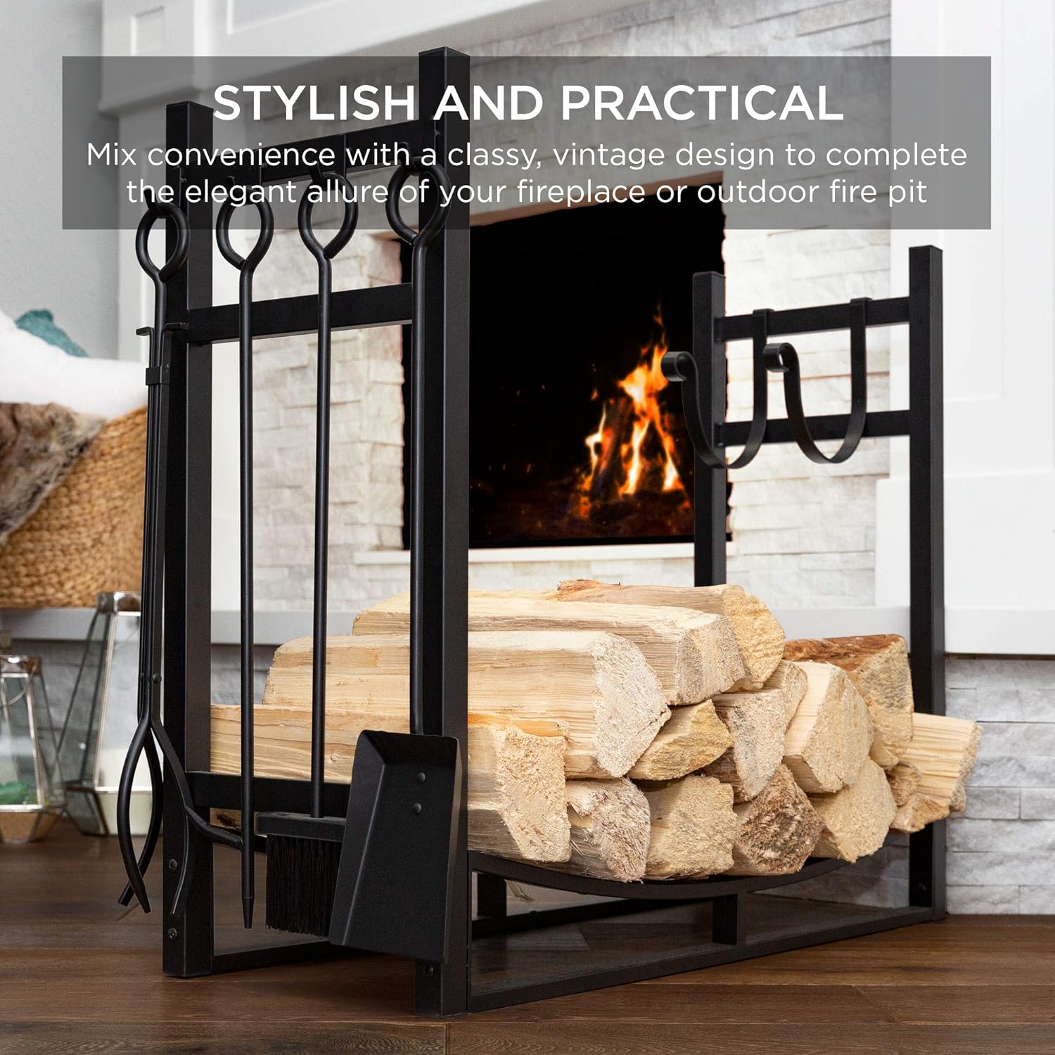 34.25in Firewood Log Rack & Tool Set Steel Wood Storage Accessory for Indoor Outdoor Fire Pit, Fireplace w/Kindling Holder, Shovel, Poker, Tongs, Brush