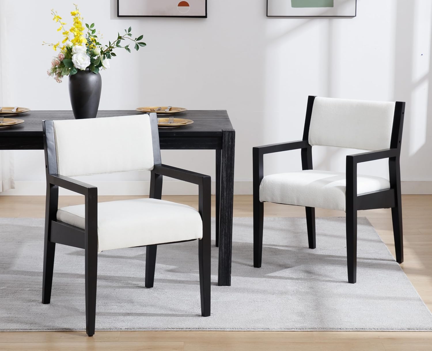Modern Mid Century Wood Dining Room Chairs with Cane Back Upholstered Linen Kitchen Side Chairs