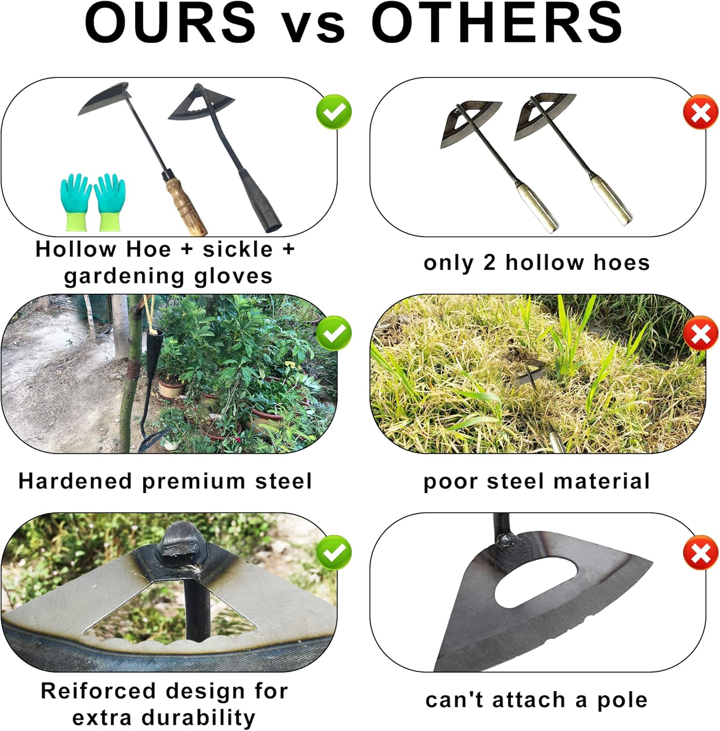 Pack of Weeding Tool Hollow Hoe and Japanese Sickle Garden Tool and a Pair of Professional Gardening Gloves