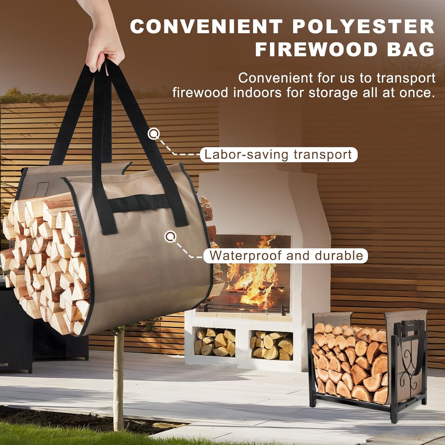 Firewood Rack Indoor Outdoor with Log Carrier Bag, Heavy Duty Metal Firewood Log Holder with Handle Rustproof Fire Wood Storage Racks