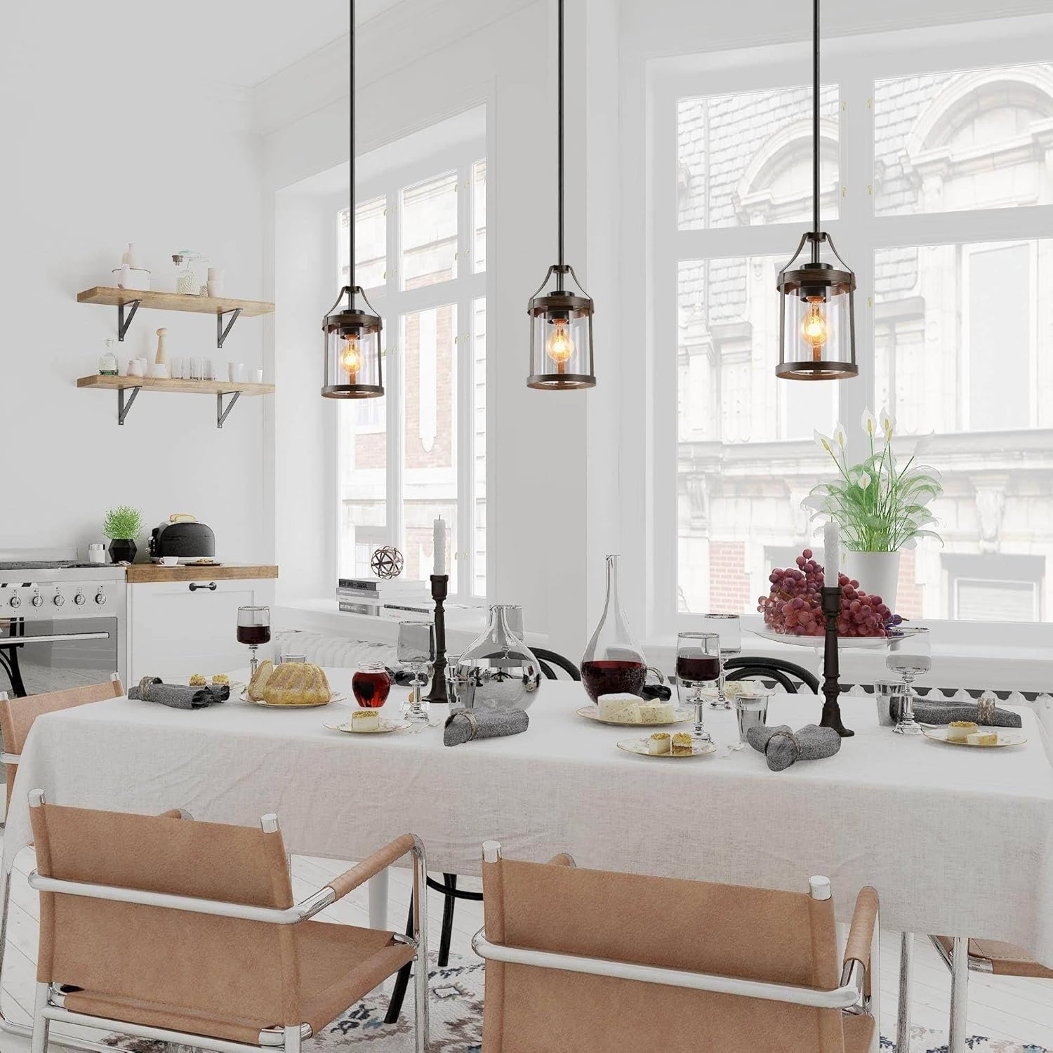 Pendant Lighting for Kitchen Island, Farmhouse Mini Chandelier in Faux Wood Metal with Bubbled Glass Shade