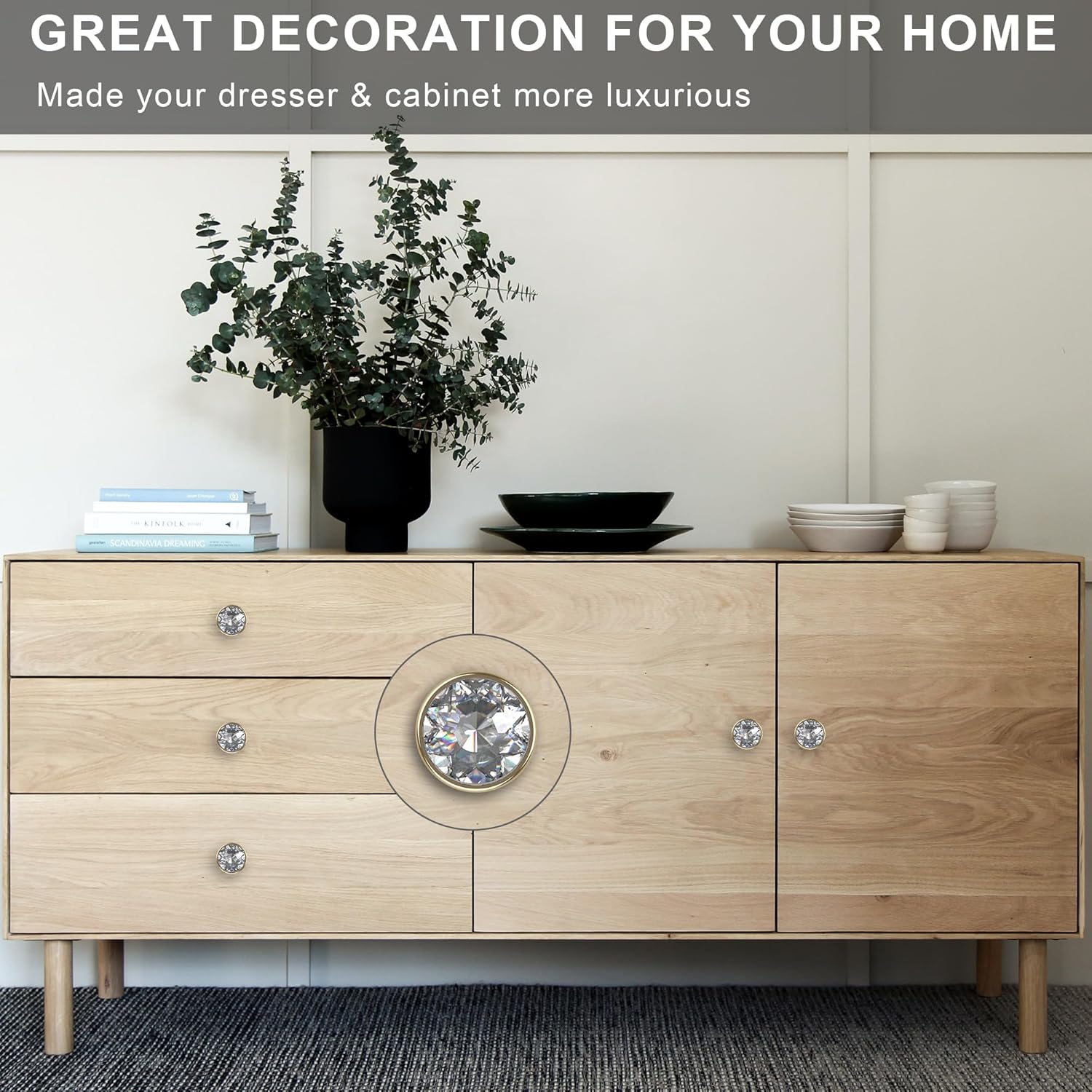 10 Pack Clear Crystal with Gold Base Cabinet Knobs, 1-3/8 Inch (35mm) Diameter Cabinet Hardware Round Crystal Knobs for Drawers