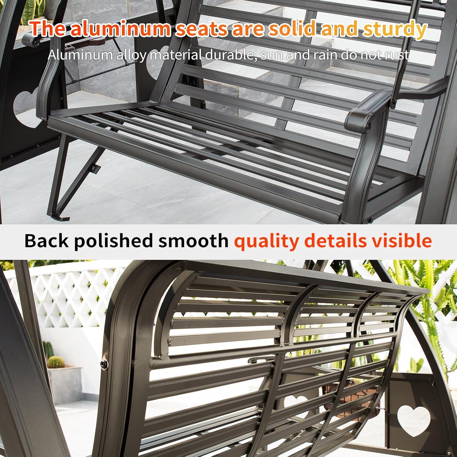 2/3-Seat Solar Patio Porch Swing with Adjustable Tilt Canopy Aluminum Frame Patio Swing Chair Outdoor Swing Bed