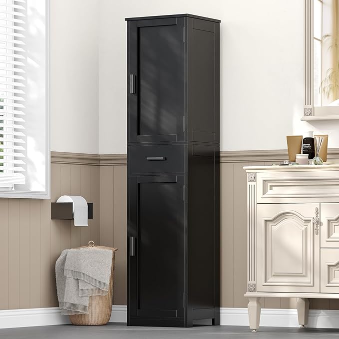 67" Tall Bathroom Floor Cabinet with 2 Door & Drawers, Narrow Storage Cabinet with Adjustable Shelves, Wooden Freestanding Cabinet for Bathroom