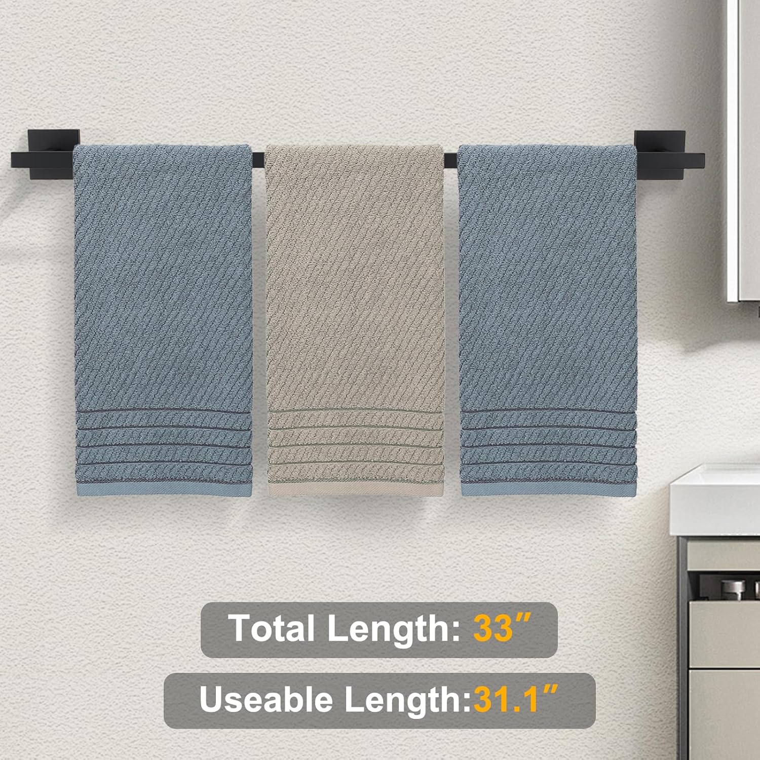 Towel Bar Black, 31 Inch 304 Stainless Steel Towel Rack Bathroom, Square Bathroom Accessories Wall Mounted, Total Length 33 Inch
