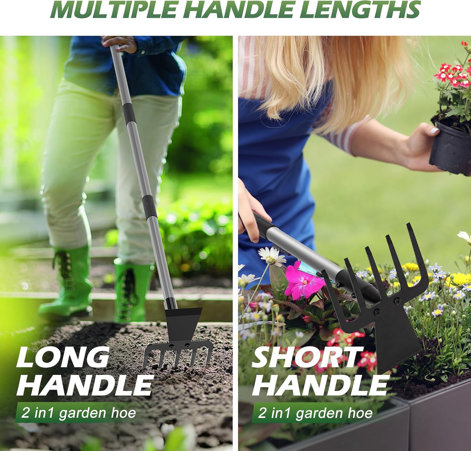 2 in 1 Hoe Garden Tool, 63 Inch Garden Hoe Cultivator and 5-Tines Rake with 37-63 Inch Adjustable Long Handle