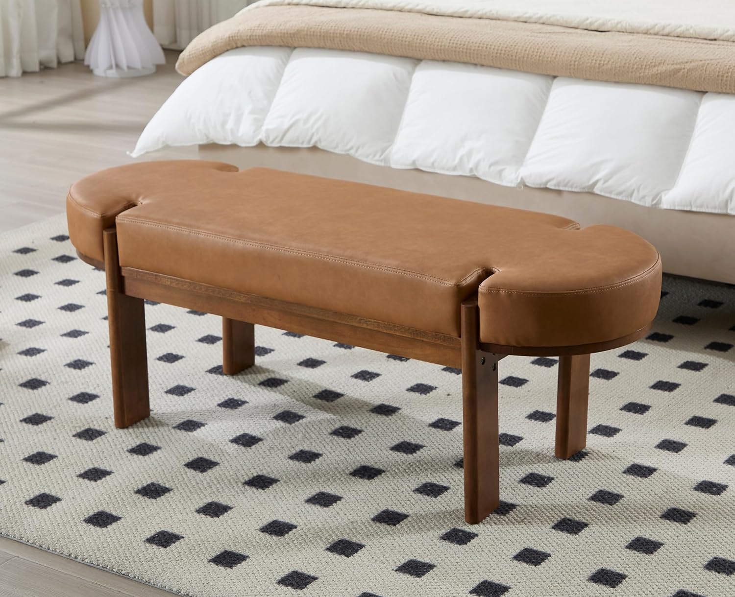 49 Inch Modern Bedroom Bench Upholstered End of Bed Bench Wood Entryway Bench with Fabric Padded Seat and Wooden Legs Window Bench