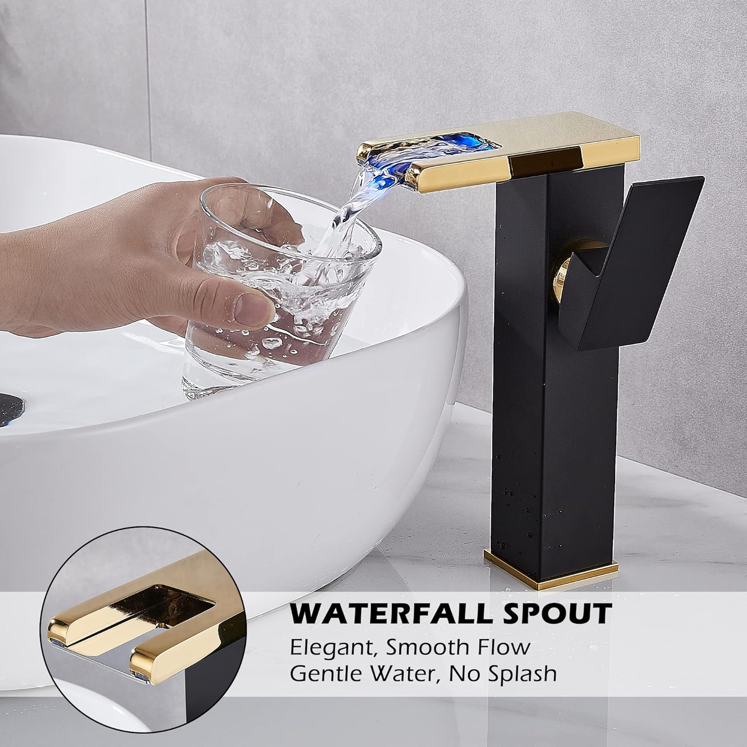 Vessel Sink Faucet Waterfall Gold Black Lavatory Single Hole with Pop Up Drain Without Overflow and Supply Lines Bathroom Faucets Bowl Sink One Handle Faucets Bath Tap Lead-Free