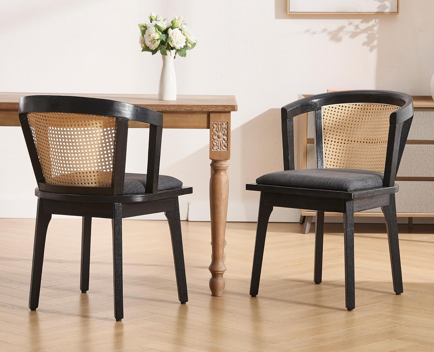 Modern Farmhouse Wooden Dining Room Chairs with Cane Curved Back Leather Upholstered Comfortable Kitchen Side Chairs for Restaurant