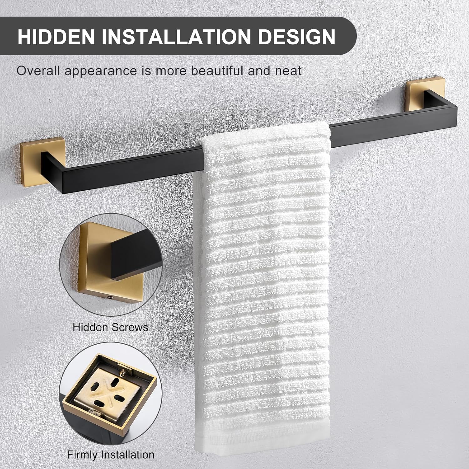 Bathroom Towel Bar, 23.6 Inch Black & Gold Towel Rack, SUS304 Stainless Steel Bathroom Accessories, Square Hand Towel Holder for Bathroom Kitchen Wall Mounted