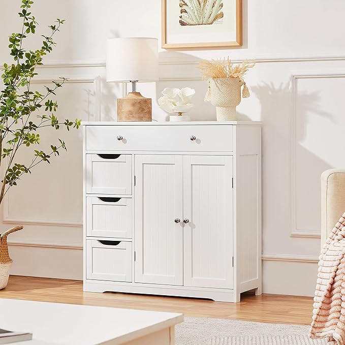 Bathroom Free-Standing Floor Cabinet, Practical Storage Cabinet with 4 Drawers and 2 Doors
