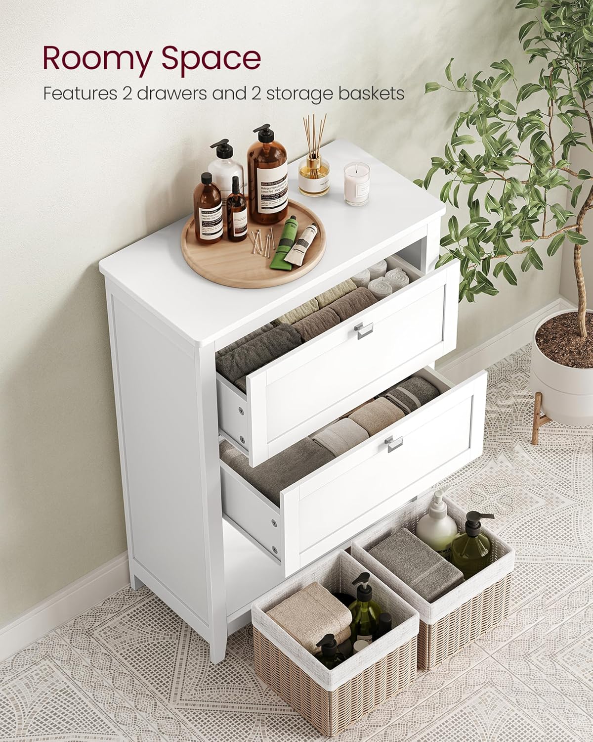 Bathroom Cabinet, Storage Cabinet and Bathroom Organizers, 2 Drawers with 1 Set of Adjustable Divider, 2 Baskets, Sideboard, 11.8 x 23.6 x 31.5 Inches, Cloud White