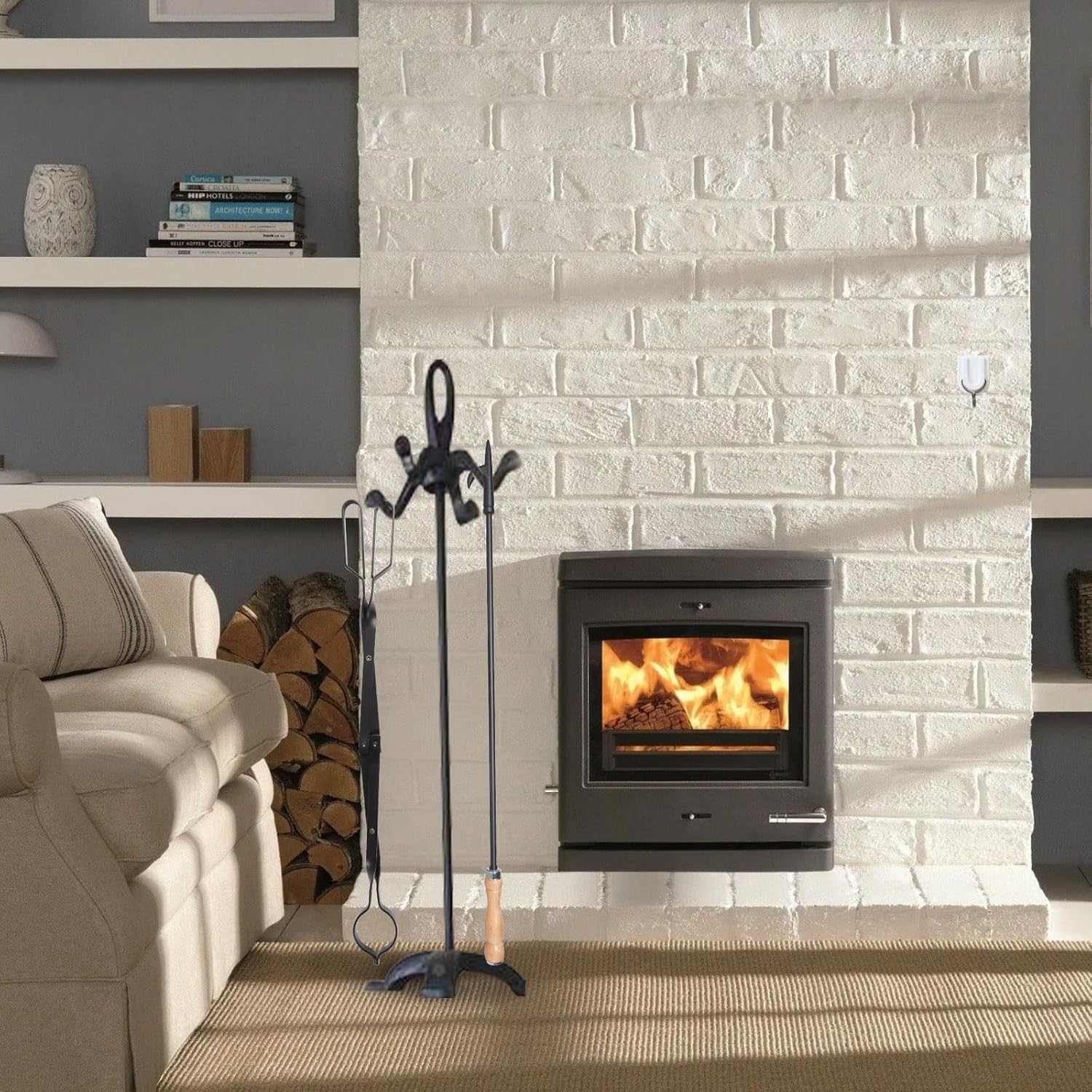 Heavy Duty 32” Long Fireplace Fire Pit Campfire Poker Stick and 26” Fireplace Tongs Tool Sets, Log Grabber