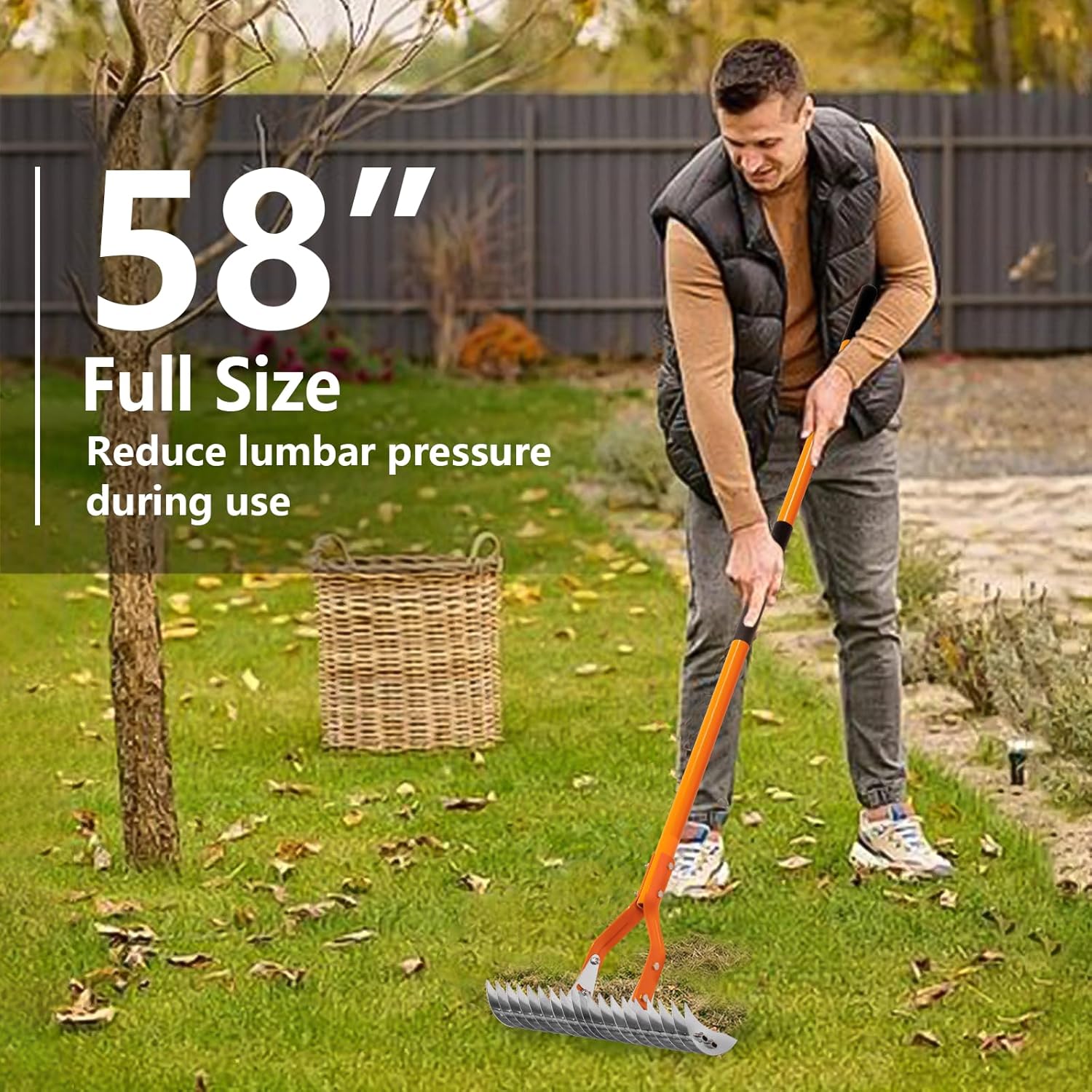 Thatch Rake for Lawns, Heavy Duty Thatch Rake with Fiberglass Handle, Metal Dethatcher Rake for Cleaning Dead Grass, 58 Inches