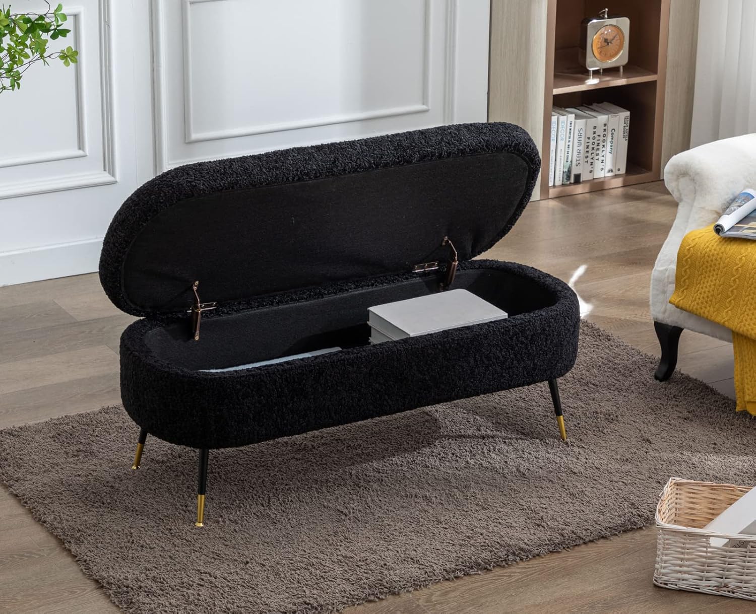 Modern Storage Bench for Bedroom End of Bed Lambswool Ottoman Bench with Metal Legs Upholstered Bedroom Bench Faux Fur Footrest Stool for Entryway/Living Room (Black)