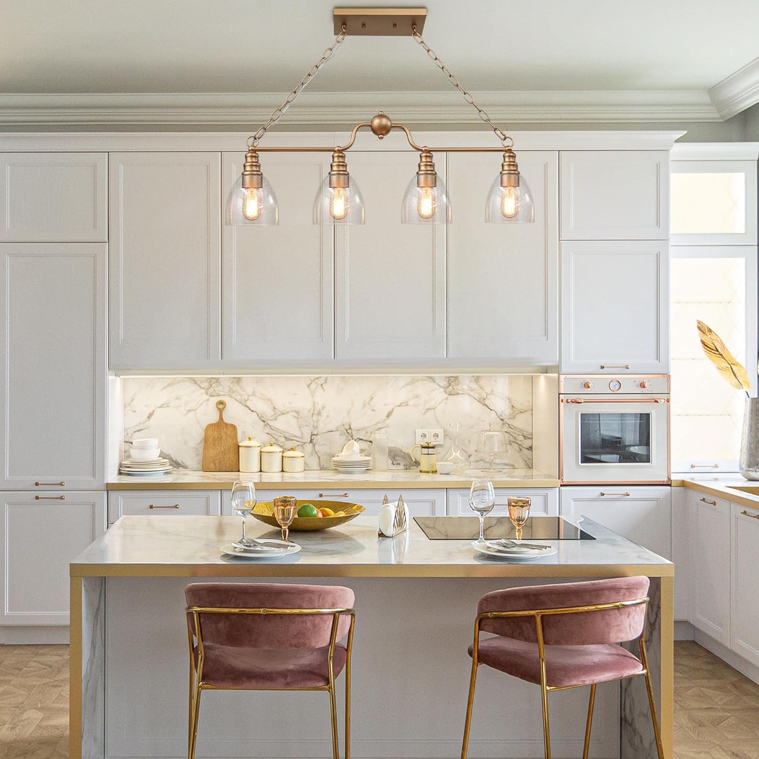 Dining Room Light Fixture Hanging with Seeded Glass Shades and Imitation Electroplated Copper Craft for Kitchen Island