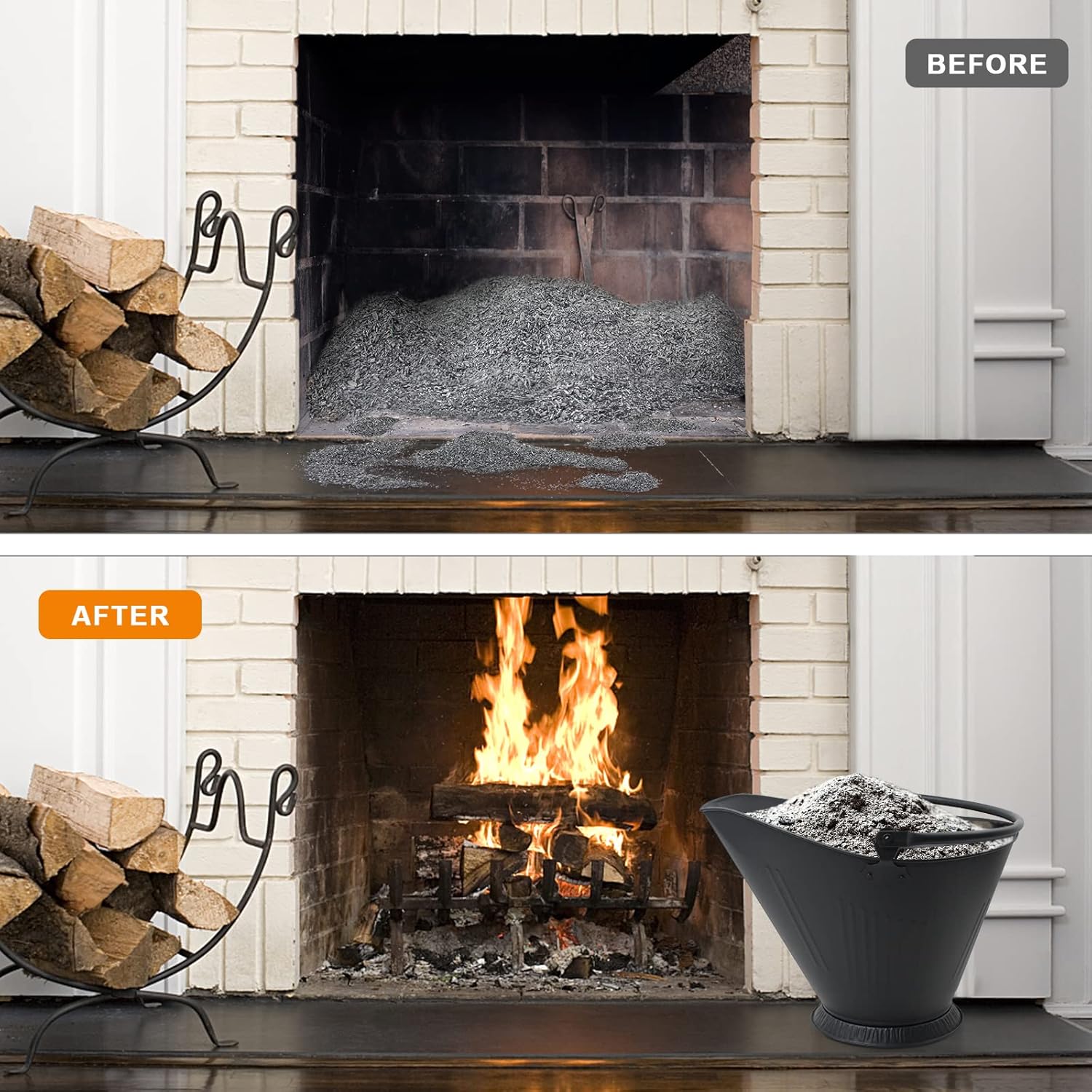 Ash Bucket for Fireplace, 3.2 Gallon Metal Fireplace Ash Bucket for Wood Stove, Includes Shovel, Broom and Gloves Indoor & Outdoor