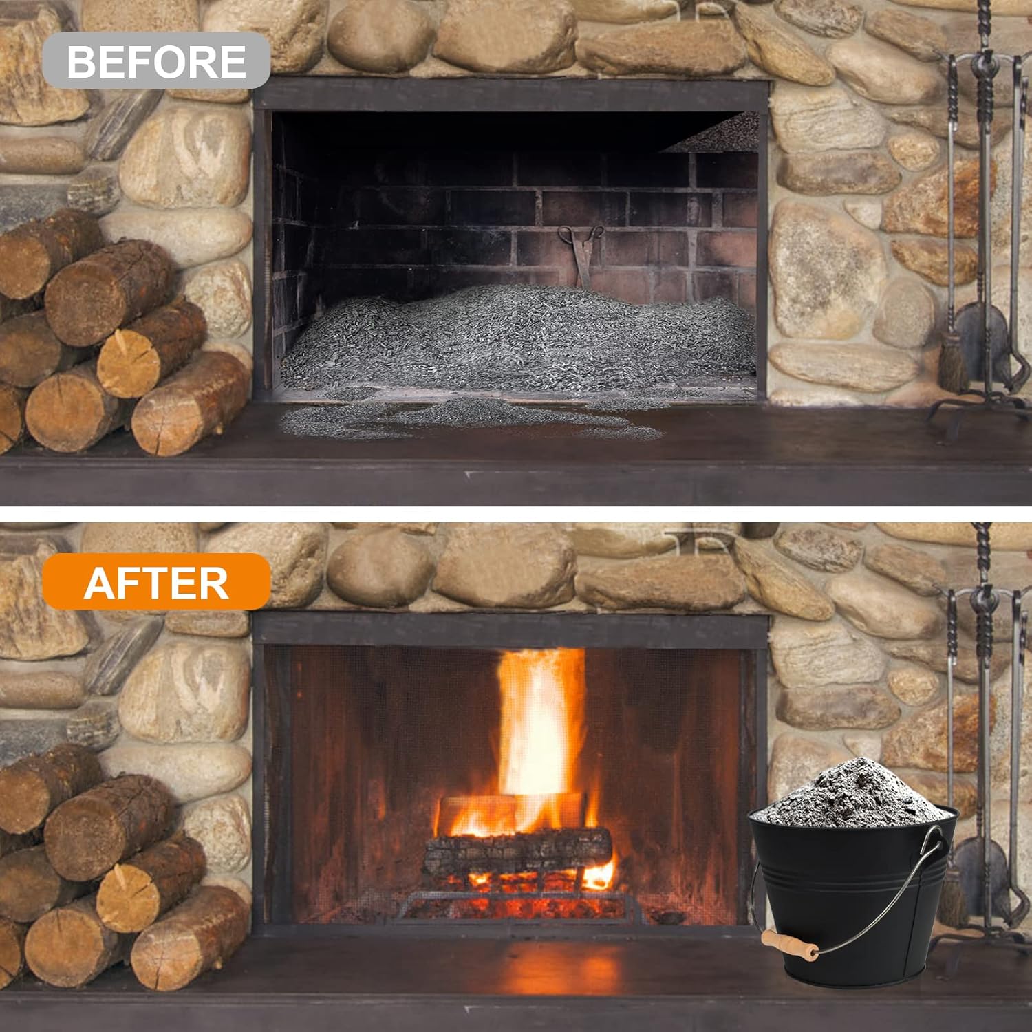 Ash Bucket with Lid, 1.3 Gallon Ash Bucket for Fireplace, Metal Fireplace Bucket for Ashes Includes Shovel