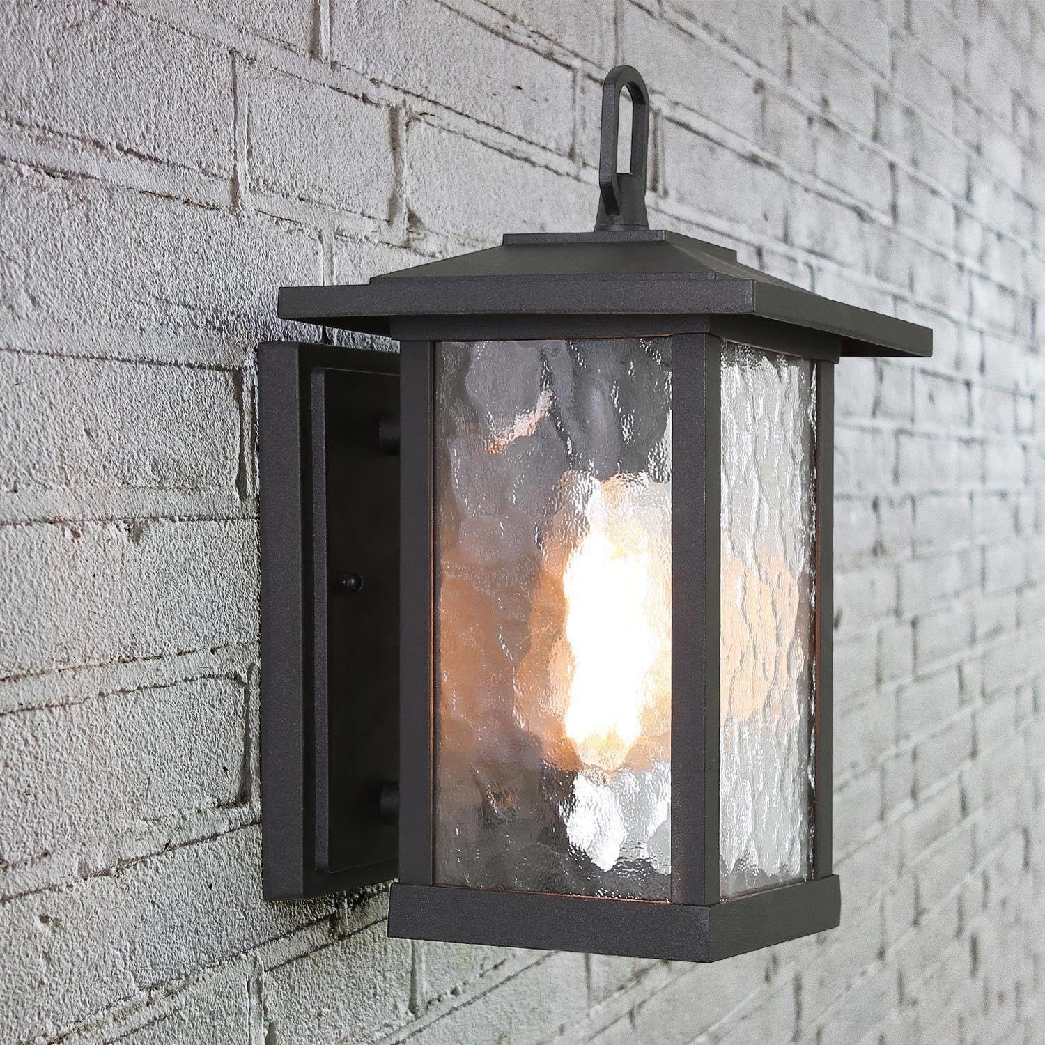 Black Outdoor Wall Light Fixture, Modern Farmhouse Rectangular Porch Lights Outdoor Wall Mount with Water Ripple Glass