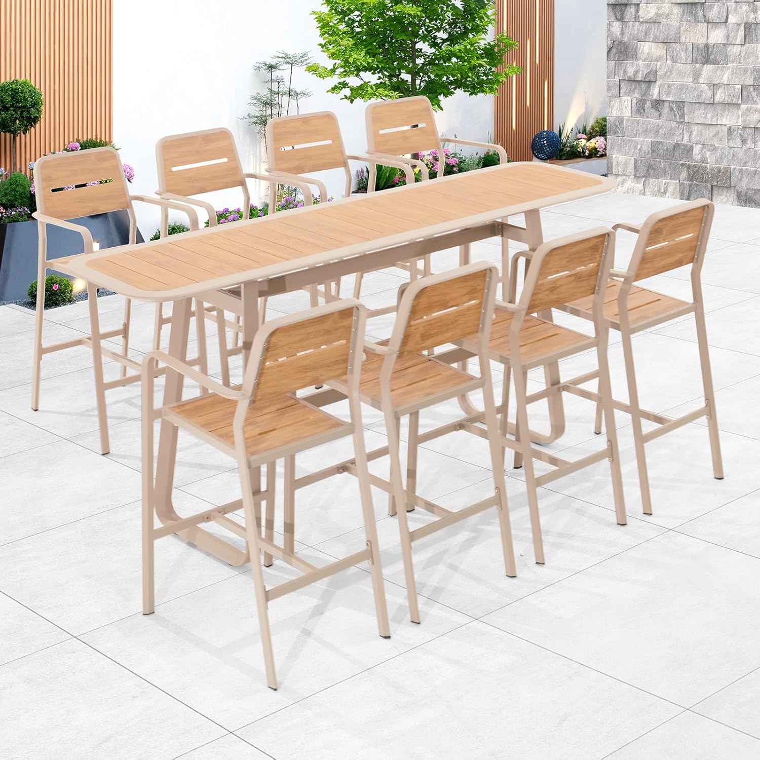 Outdoor Patio Bar Table Set Aluminum Frame Patio Bar Height Bistro Furniture Set w/Chairs and Plastic Wood Tabletop