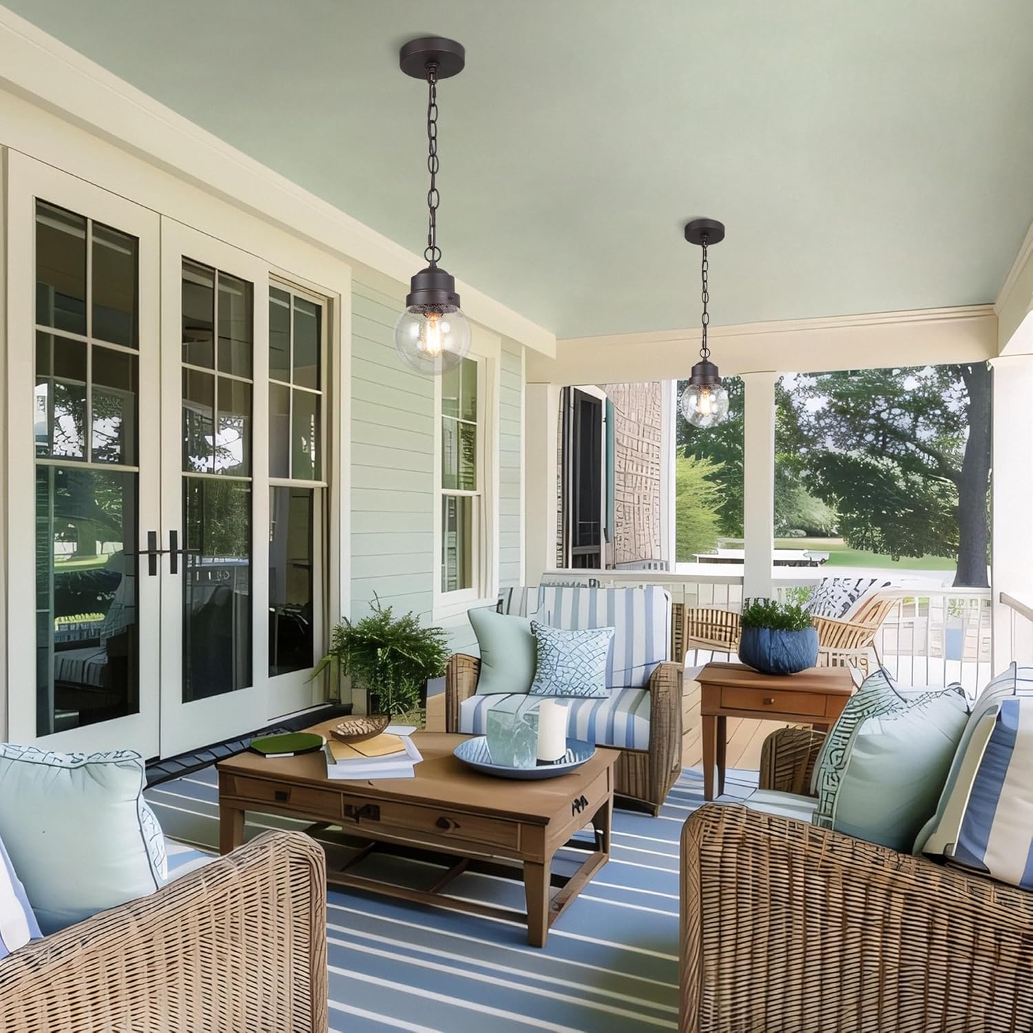 Farmhouse Exterior Lights with Adjustable Chain, Anti-Rust Outdoor Light with Seeded Glass, Hanging Light for Front Door