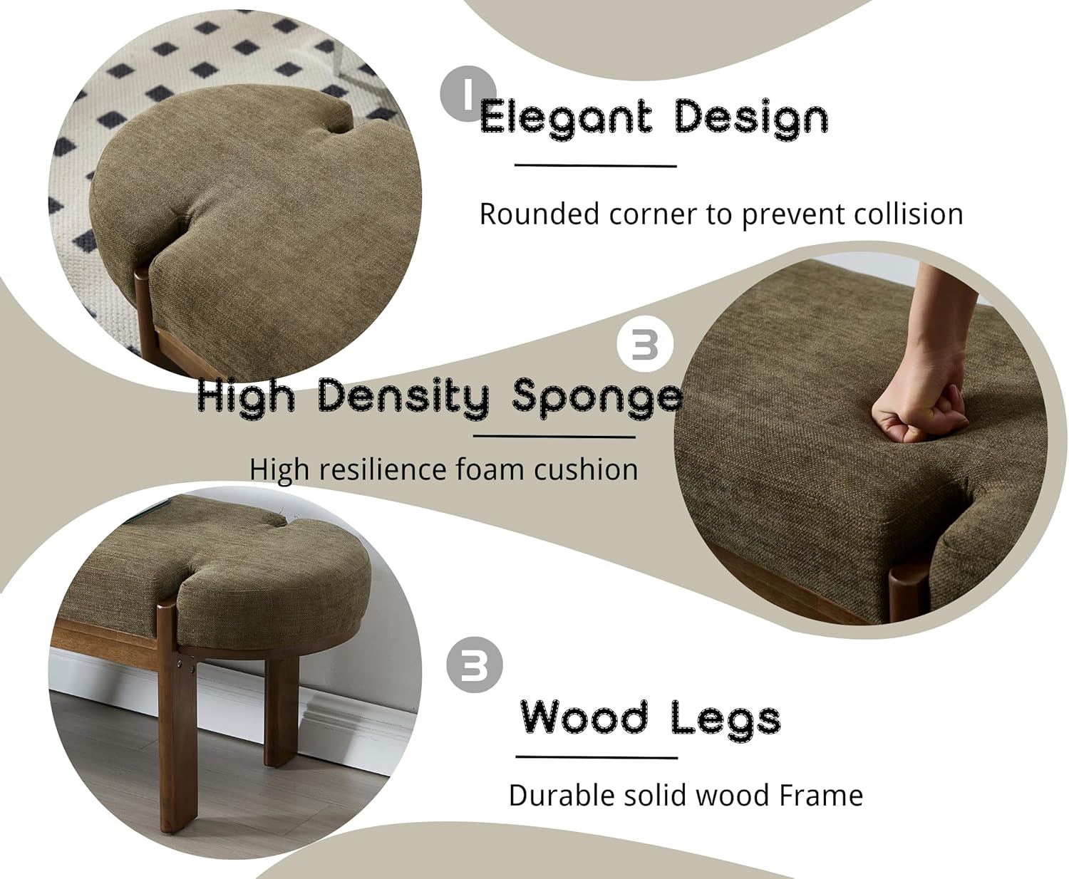 49 Inch Modern Bedroom Bench Upholstered End of Bed Bench Wood Entryway Bench with Fabric Padded Seat and Wooden Legs Window Bench