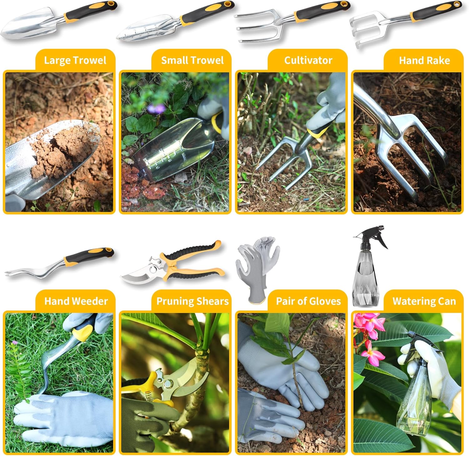 9 Piece Heavy Duty Gardening Tools Set with Non-Slip Rubber Grip, Stainless Steel Garden Tool