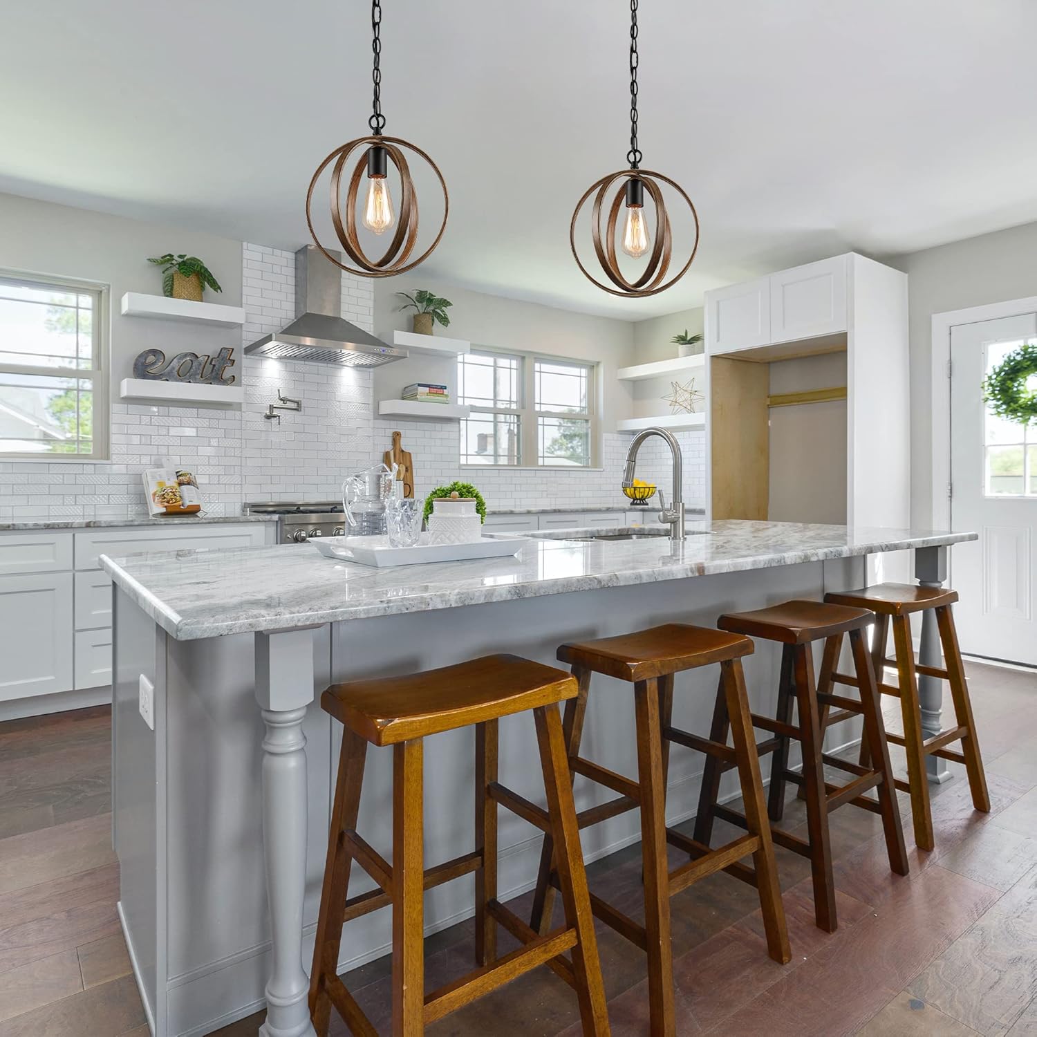 Farmhouse Pendant Lighting for Kitchen Island, Metal Globe Chandelier, 11” in Dia
