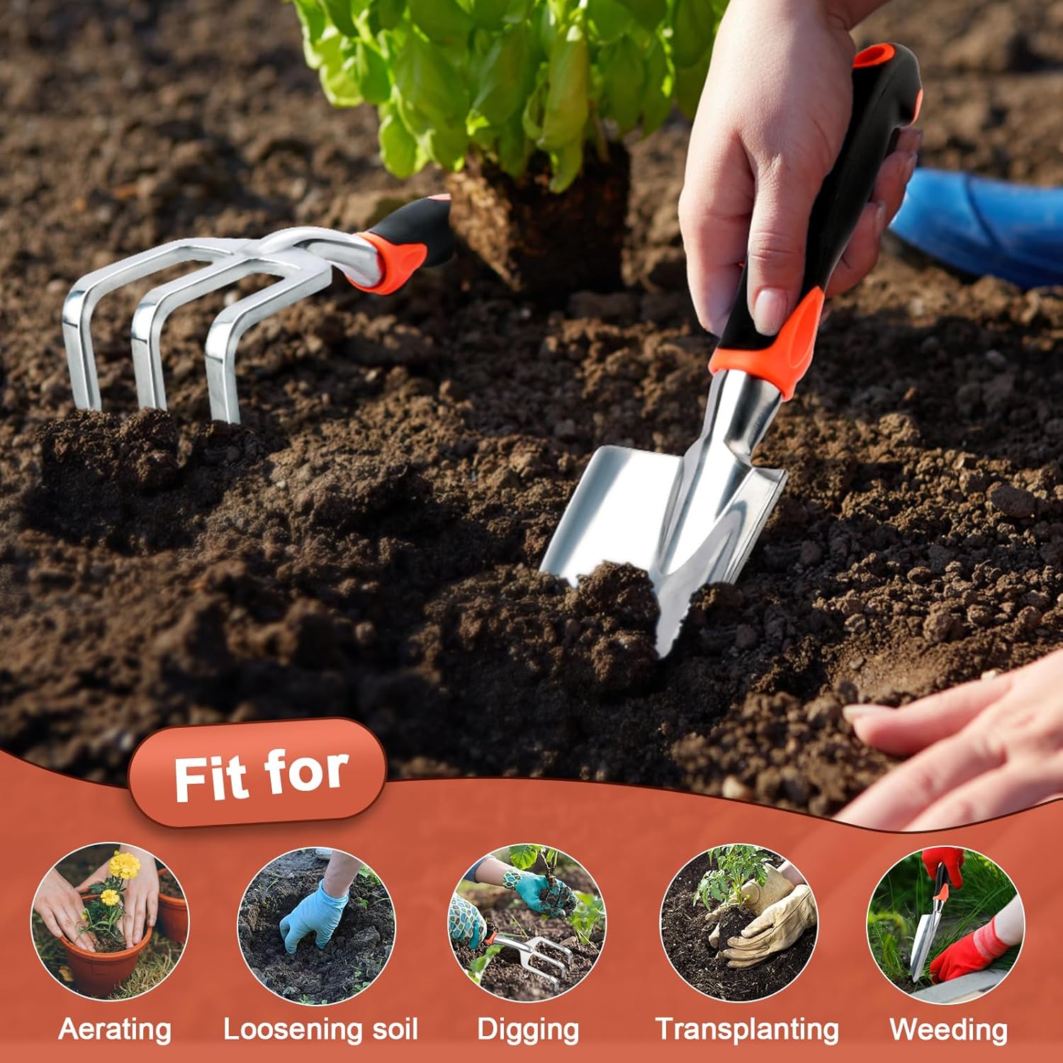 2 Pack Heavy Duty Gardening Tools Set Include Garden Shovel and Hand Rake Claw Tool with Ergonomic Handle, Small Gardening Hand Tools for Digging