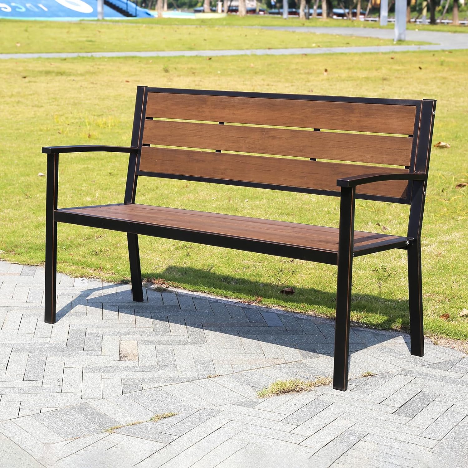 59" Cast Aluminum Garden Park Bench with Backrest Armrests Plastic Wood Patio Bench