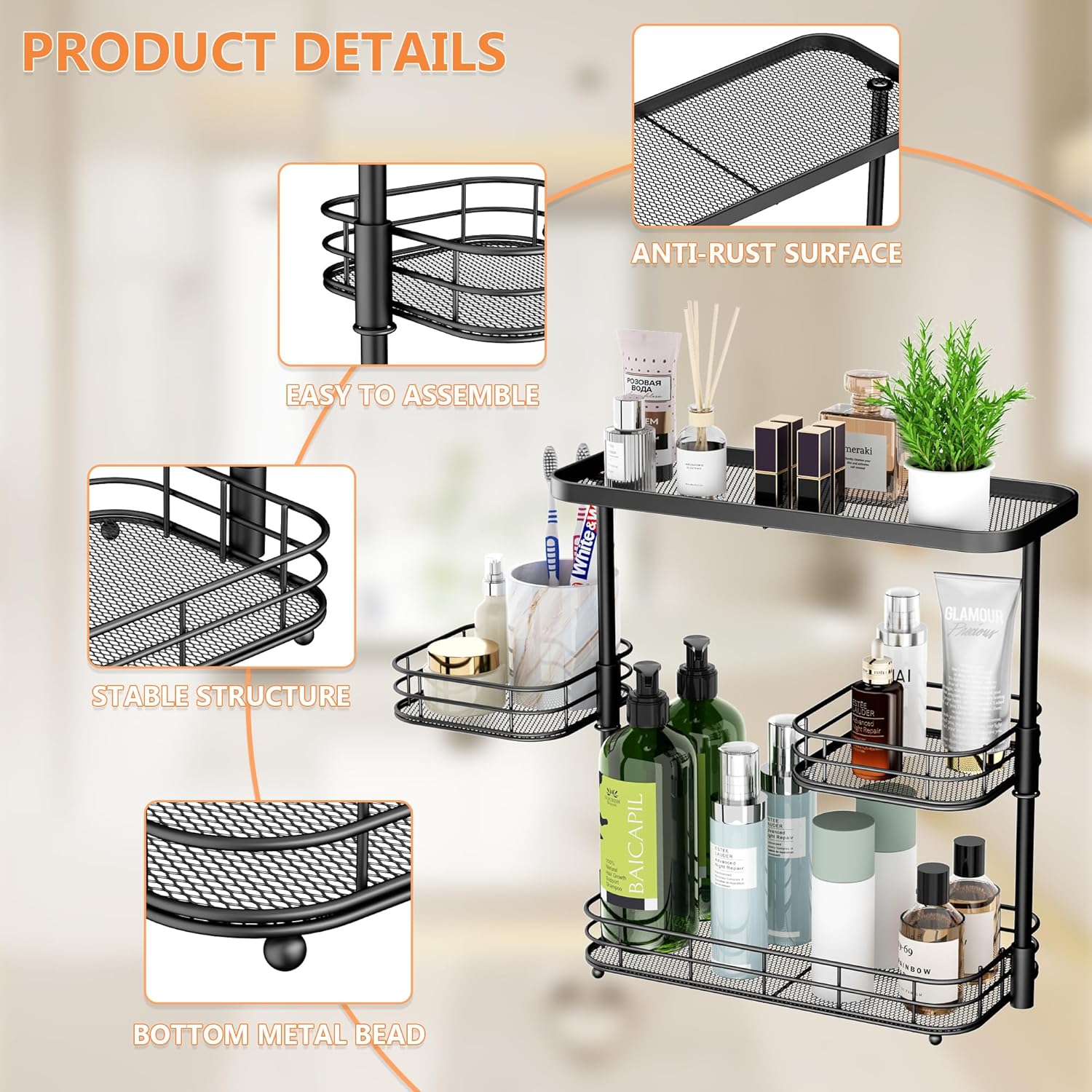 3 Tier Bathroom Organizer Countertop, Metal Wire Bathroom Counter Vanity Organizer Storage, Mesh Bathroom Sink Kitchen Shelf Rack with 360 Rotating Basket, Black