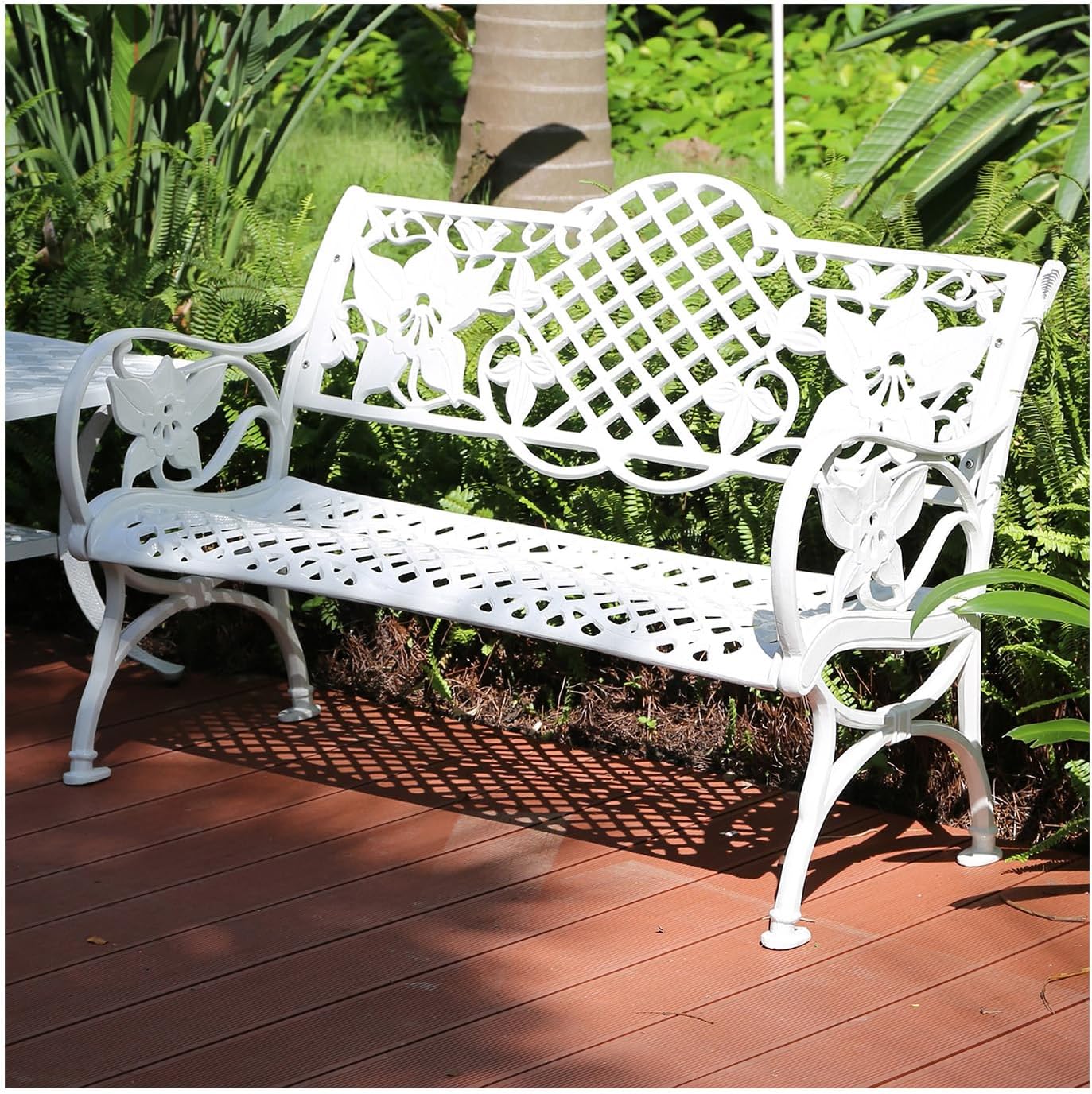 59" Cast Aluminum Garden Park Bench with Backrest Armrests Plastic Wood Patio Bench