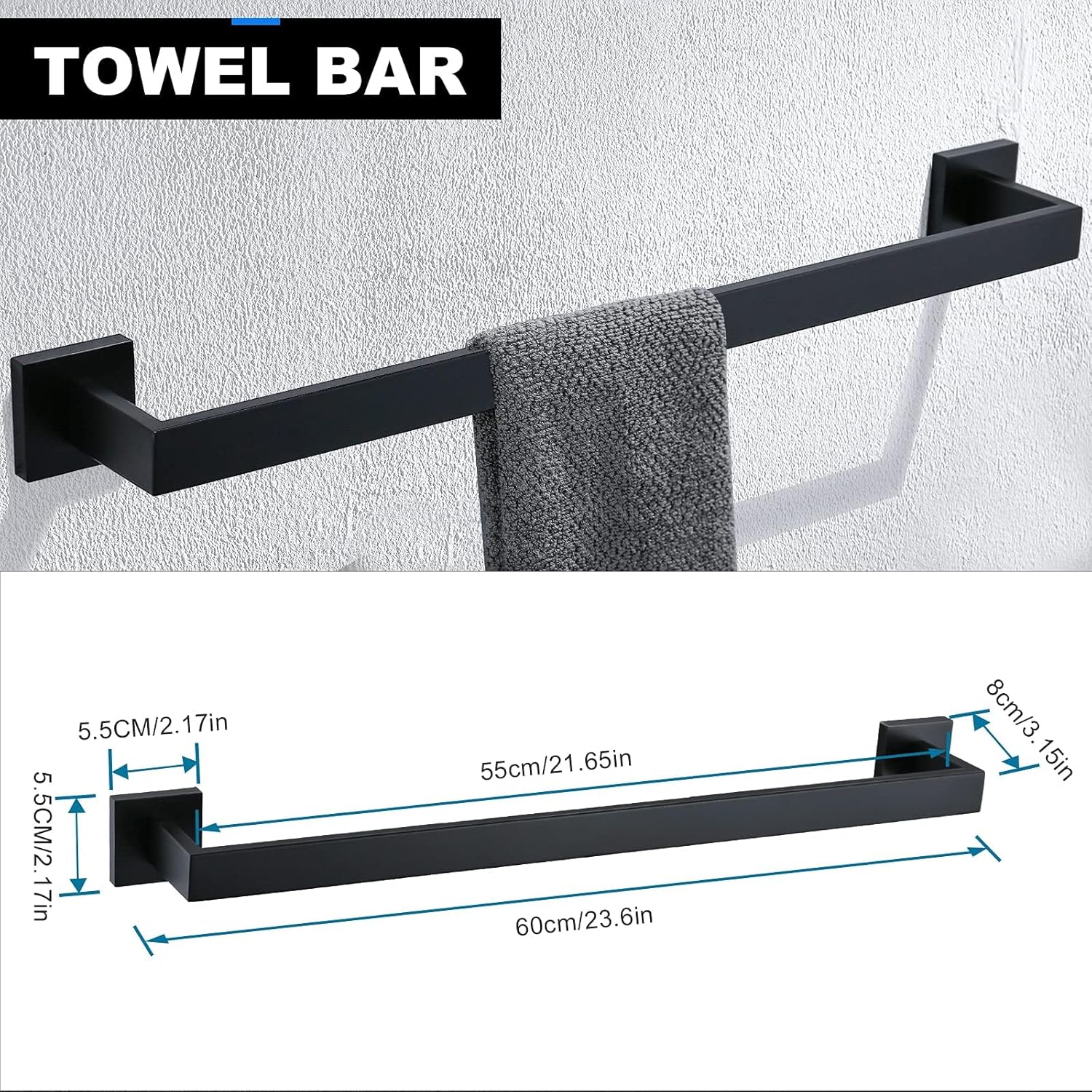 5 Pieces Black Bathroom Accessorie Set Black Towel Bar Set Towel Holder Set for Bathroom,Wall Mounted Stainless Steel Bathroom Hardware Set,23.6 Inch