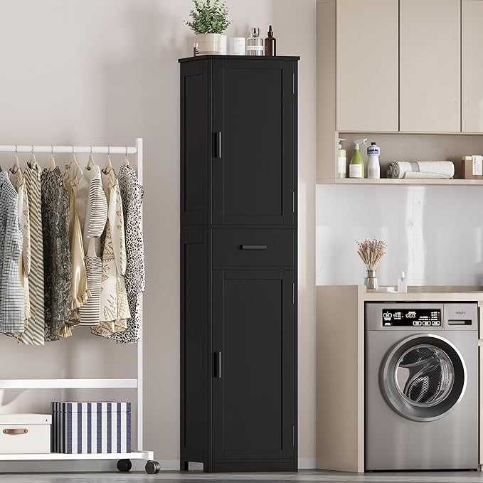 67" Tall Bathroom Floor Cabinet with 2 Door & Drawers, Narrow Storage Cabinet with Adjustable Shelves, Wooden Freestanding Cabinet for Bathroom