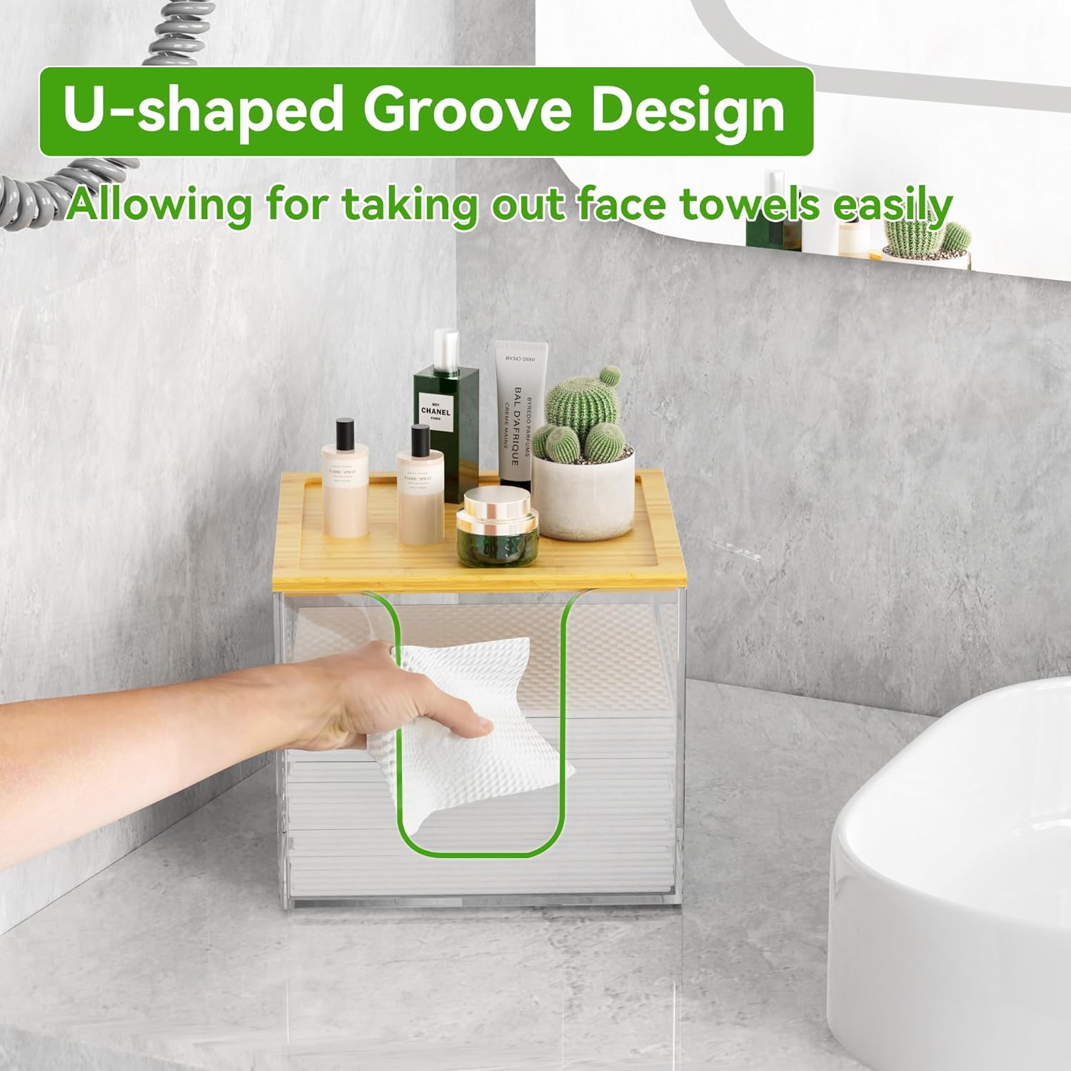 Disposable Face Towel Holder Box, Acrylic Facial Towel Container for XL Clean Skin Club, Large Disposable Face Towel Storage with Bamboo Lid, for Bathroom, Vainty Makeup, Clear