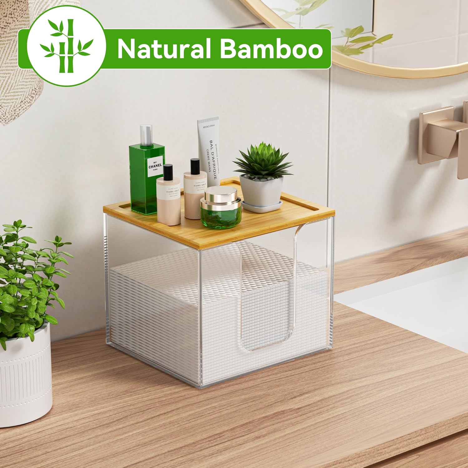 Disposable Face Towel Holder Box, Acrylic Facial Towel Container for XL Clean Skin Club, Large Disposable Face Towel Storage with Bamboo Lid, for Bathroom, Vainty Makeup, Clear