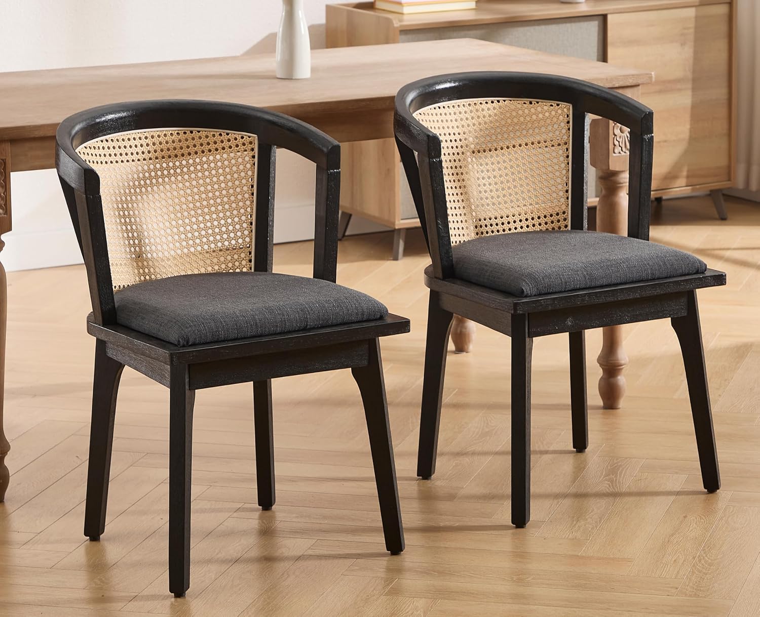 Modern Farmhouse Wooden Dining Room Chairs with Cane Curved Back Leather Upholstered Comfortable Kitchen Side Chairs for Restaurant