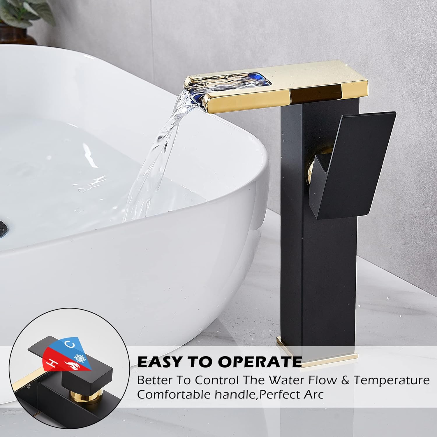 Vessel Sink Faucet Waterfall Gold Black Lavatory Single Hole with Pop Up Drain Without Overflow and Supply Lines Bathroom Faucets Bowl Sink One Handle Faucets Bath Tap Lead-Free