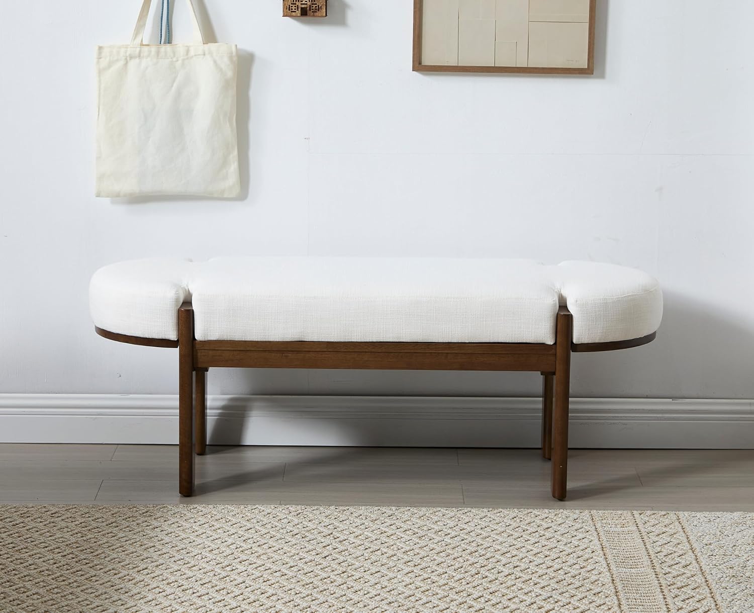 49 Inch Modern Bedroom Bench Upholstered End of Bed Bench Wood Entryway Bench with Fabric Padded Seat and Wooden Legs Window Bench