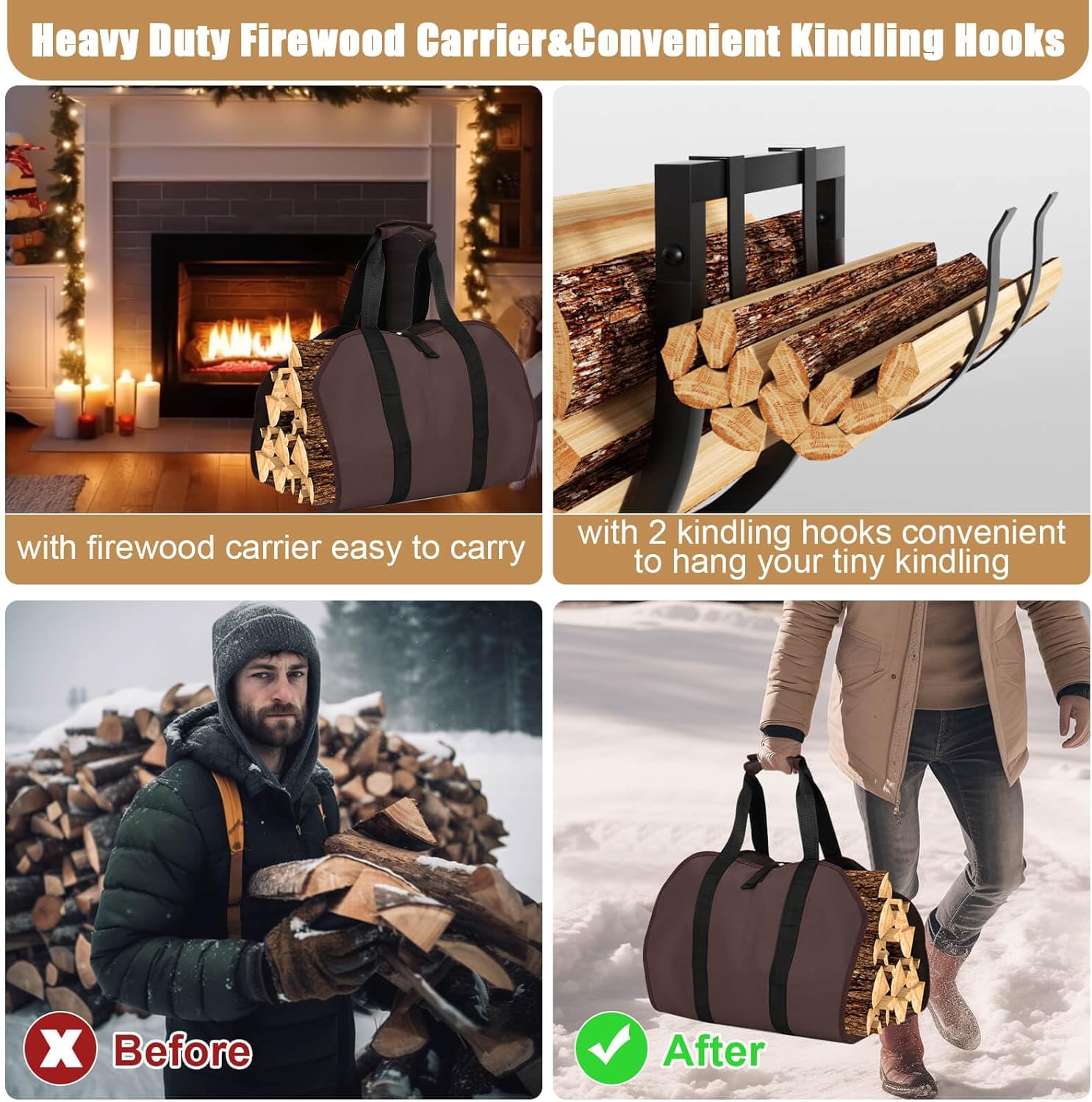 35 Inch Firewood Rack Indoor Outdoor with Firewood Carrier, Metal Small Indoor Wood Rack,Heavy Duty Firewood Holder with Kindling Hooks, Sturdy Fireplace Log Holder