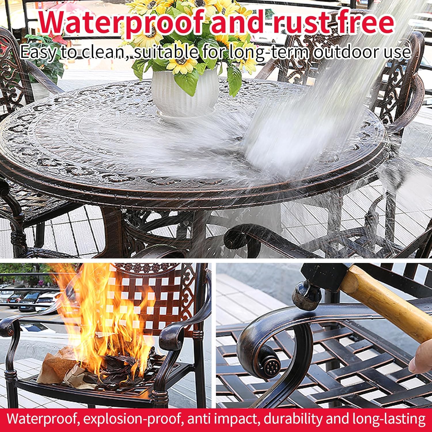 Outdoor Dining Set Cast Aluminum Bistro Set Patio Chairs and Round Table with Umbrella Hole for Yard