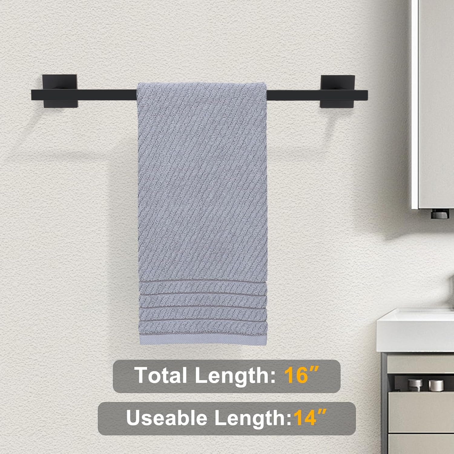 Towel Bar Matte Black, 13.9 Inch Towel Holder Bathroom, 304 Stainless Steel Square Towel Rack Bathroom Accessories Wall Mounted, Total Length 16 Inch