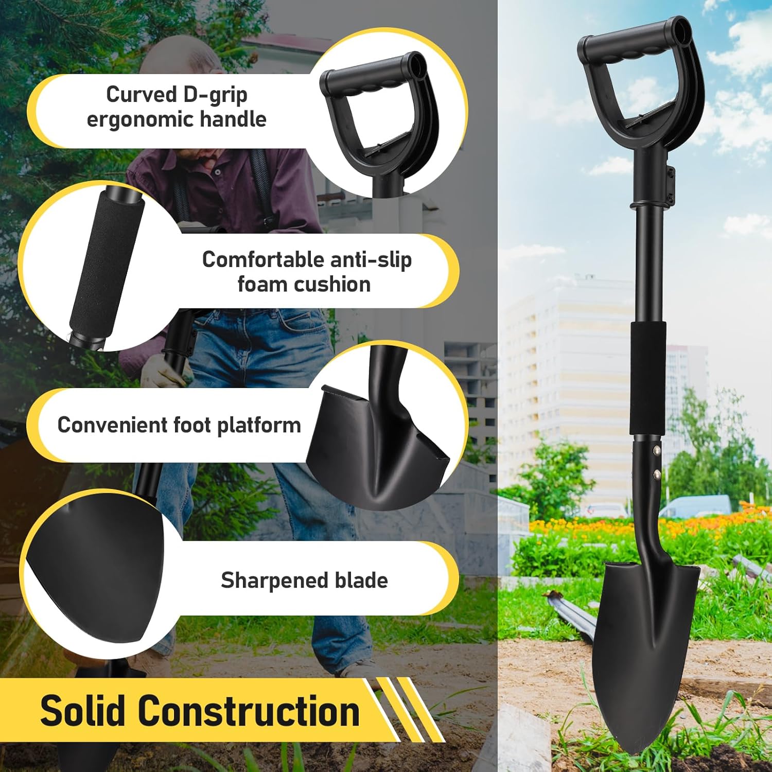 Garden Shovel for Digging, 31 inch Small Spade Shovel with Curved D-Handle, Heavy Duty Portable Mini Shovels