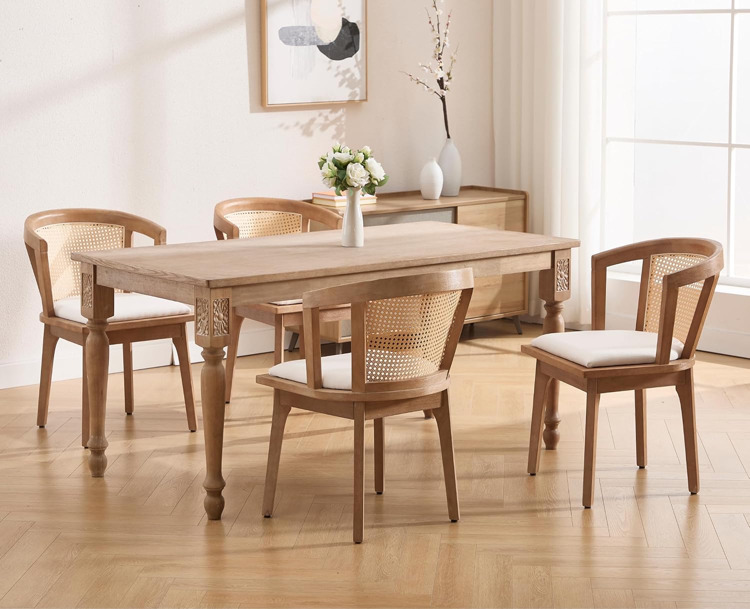 Modern Farmhouse Wooden Dining Room Chairs with Cane Curved Back Leather Upholstered Comfortable Kitchen Side Chairs for Restaurant
