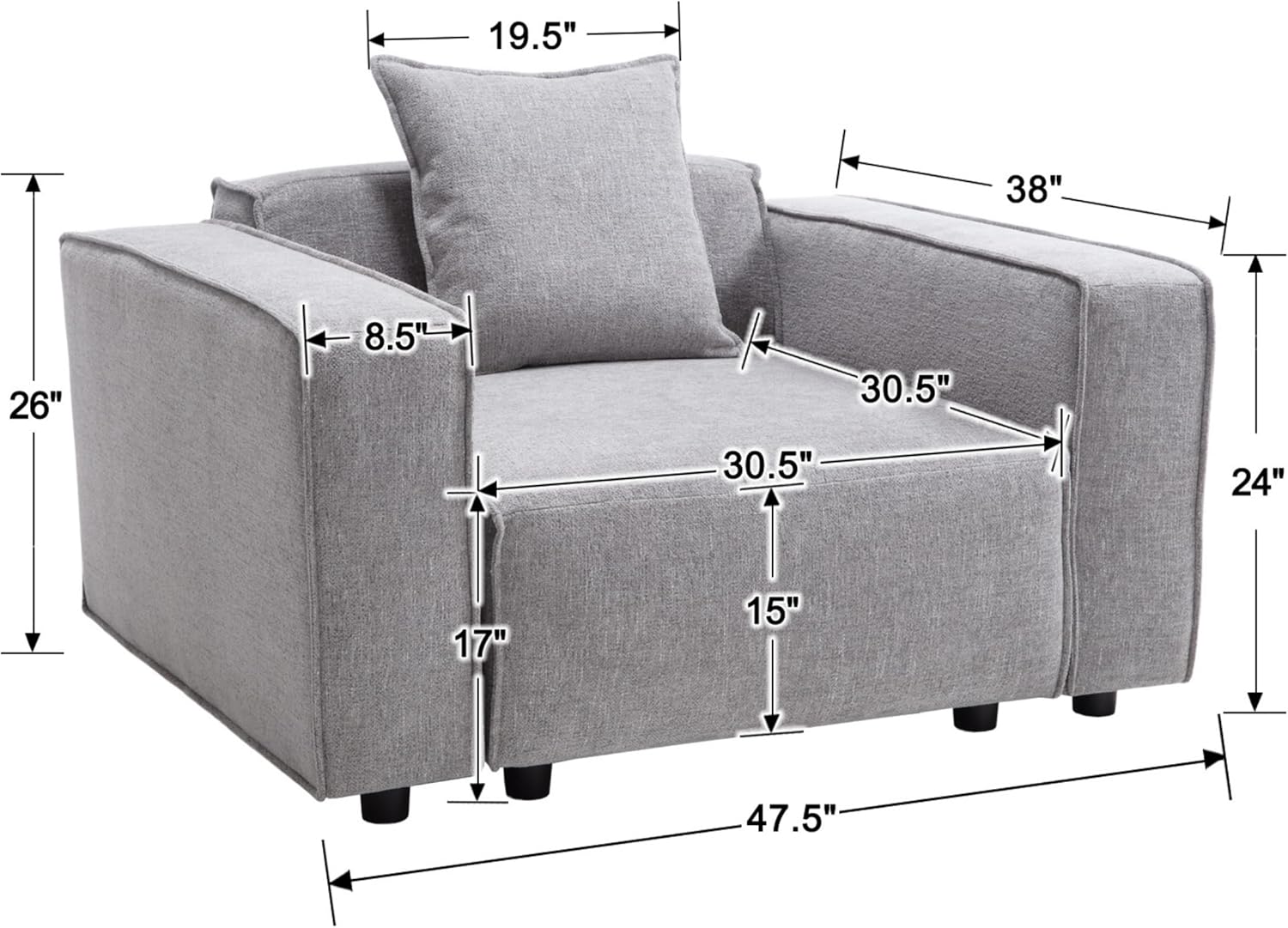 Chenille Upholstered Single Sofa Chair Oversized Accent Chair Deep Seat Modern Comfy Armchair with Removable Pillows